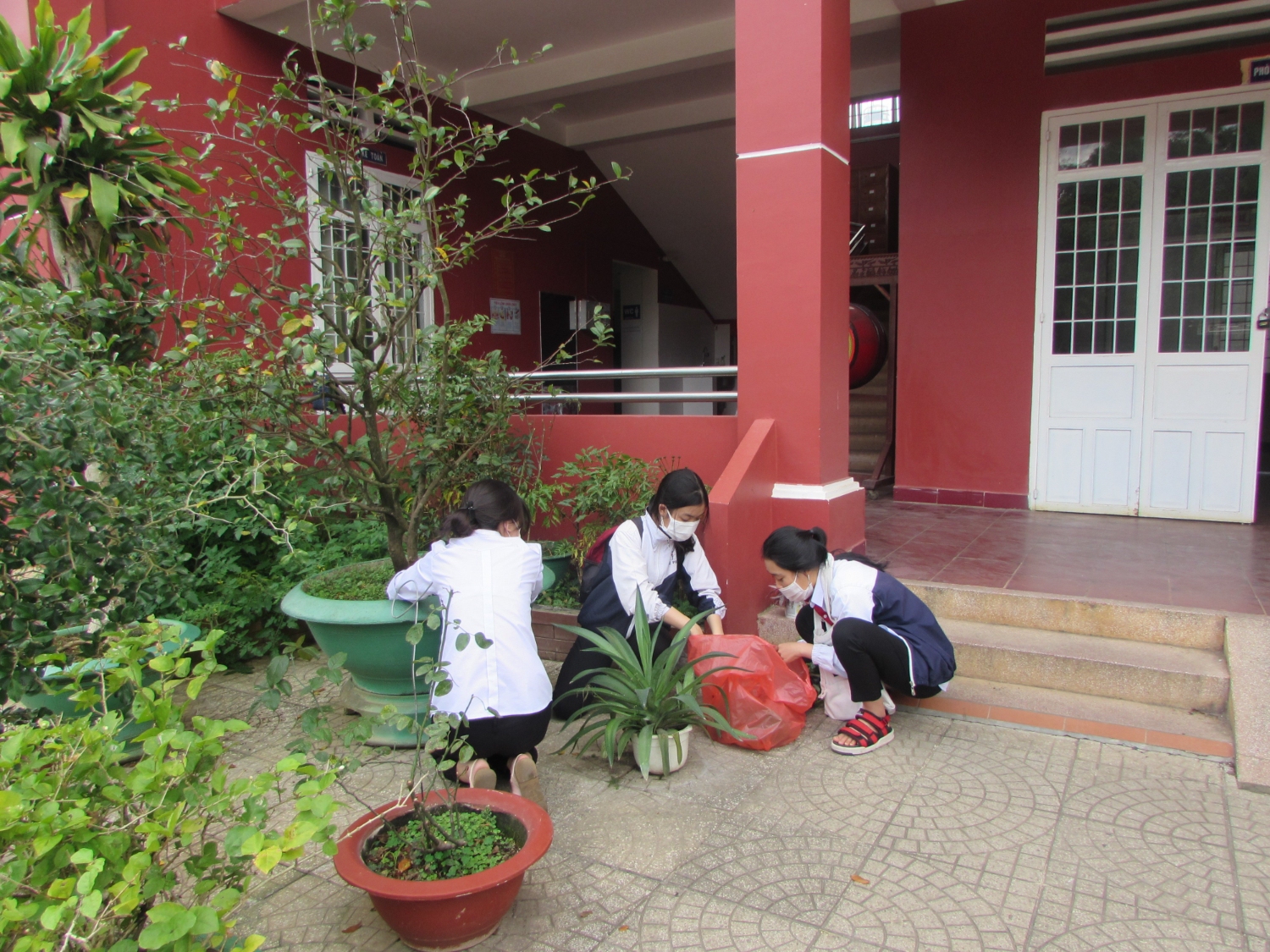 Học sinh quét dọn khuôn viên trường 1